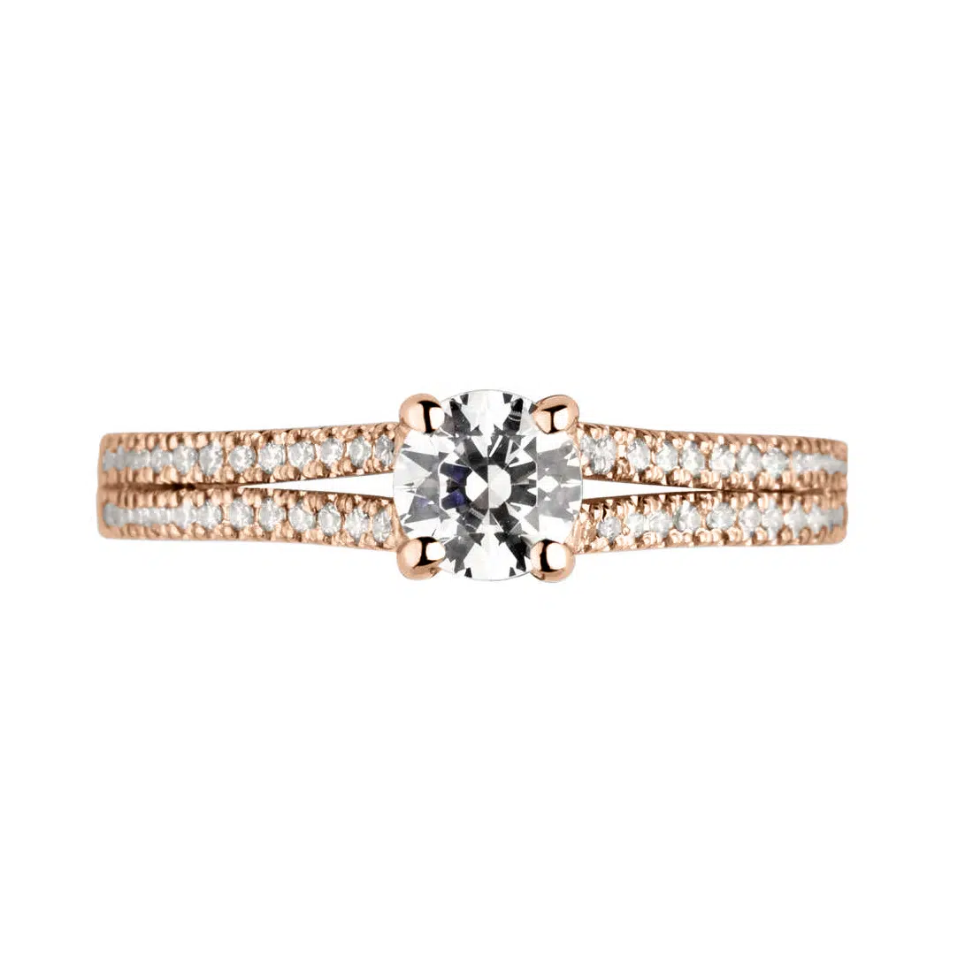 Bague diamant Etincelante en or rose 18k à griffes en treillis et pavage sur épaules fendues – Image 2